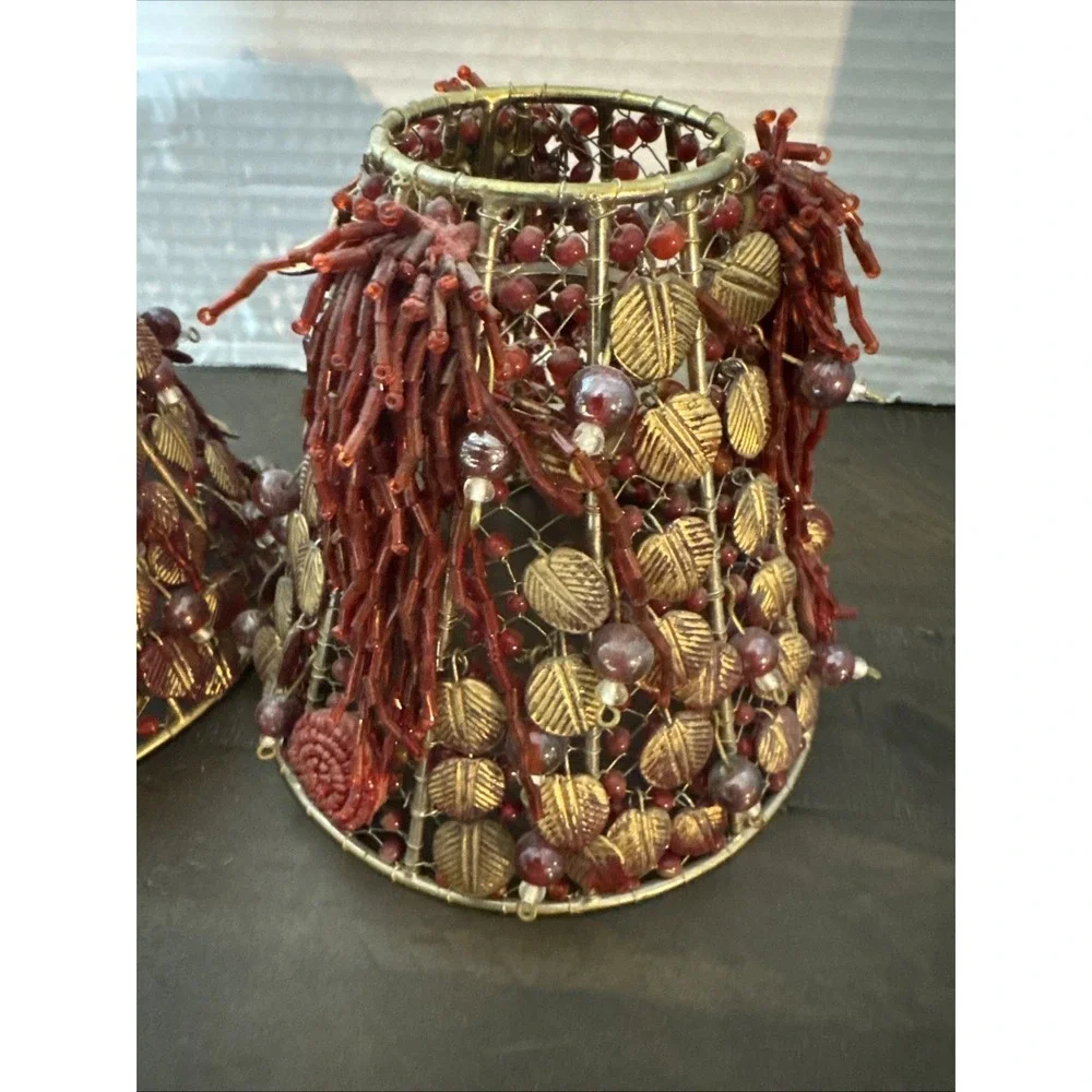 2- Iridescent Red Glass Beaded Wire Wrapped Lamp Shades 4.75